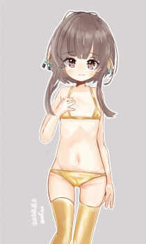 1girl bikini brown_eyes brown_hair closed_mouth commentary_request dated flat_chest gold_bikini grey_background hand_on_own_chest highres kantai_collection loli long_hair mf_u_c micro_bikini navel outline signature simple_background solo swimsuit ukuru_(kancolle) wavy_eyes white_outline