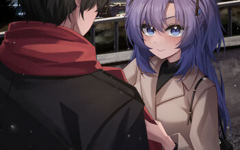 1boy 1girl absurdres alternate_costume bag black_bag black_coat black_hair black_sweater blue_archive blush brown_coat closed_mouth coat commentary_request hair_ornament heart heart_in_eye hetero hidel highres long_hair long_sleeves night outdoors purple_eyes purple_hair railing red_scarf scarf sensei_(blue_archive) short_hair smile snowing sweater symbol_in_eye tree two_side_up upper_body yuuka_(blue_archive)