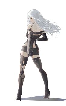 1girl a2_(nier:automata) absurdres android blue_eyes boots breasts closed_mouth commentary datharuss floating_hair from_behind full_body high_heel_boots high_heels highres long_hair medium_breasts nier:automata nier_(series) simple_background smile solo standing thigh_boots white_background white_hair
