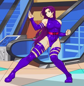 Rule 34 | 1girl, absurdres, boots, curvy, female focus, fighting stance, full body, highleg, highleg leotard, highres, kimkai, leotard, long hair, looking ahead, marvel, marvel super heroes, marvel vs. capcom, psylocke, purple boots, purple hair, purple leotard, shiny skin, solo, superhero costume, wide hips, x-men, x-men: children of the atom