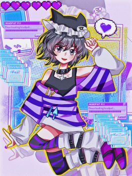 1girl akddk263go69975 alternate_costume androgynous animal_ear_headwear animal_ears arrow_(symbol) bare_shoulders belt belt_collar black_belt black_hat black_tank_top black_thighhighs breasts cat_ears collar commentary english_commentary fake_animal_ears frilled_headwear full_body genderswap genderswap_(otf) grey_collar grey_eyes hair_between_eyes halftone hand_on_own_head happy hat heart highres layered_shirt layered_sleeves leg_belt leg_warmers len&#039;en light_blush long_sleeves looking_at_viewer mob_cap multiple_belts off-shoulder_shirt off_shoulder open_mouth outline puffy_long_sleeves puffy_sleeves purple_background purple_hair purple_shirt purple_shoes purple_thighhighs shirt shitodo_kuroji shoe_belt shoes short_hair short_over_long_sleeves short_sleeves small_breasts smile solo sparkle speech_bubble spoken_heart star_(symbol) streetwear striped_clothes striped_shirt tank_top thighhighs two-tone_thighhighs white_leg_warmers white_shirt window_(computing) yellow_outline zoom_layer