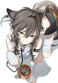 Rule 34 | 1boy, absurdres, animal collar, animal ear fluff, animal ears, arm belt, bandaged arm, bandaged hand, bandaged leg, bandages, bare shoulders, belt, black belt, black collar, black shorts, bowl, brown hair, collar, collared shirt, dot nose, double-parted bangs, grey hair, hair between eyes, hair intakes, heterochromia, highres, kneeling, lizard tail, long hair, looking at viewer, male focus, original, paw pose, pet bowl, pet food, seeshin see, shirt, short shorts, shorts, simple background, sleeveless, sleeveless shirt, smile, solo, sweatdrop, tail, vaccine scar, white background, white shirt, yellow eyes