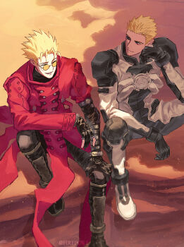 2boys artist_name black_bodysuit black_gloves black_pants black_shirt bodysuit boots brothers coat elbow_on_knee firepok gloves grey_bodysuit grey_boots grin hand_on_own_face hand_on_own_knee highres long_coat looking_at_another male_focus millions_knives mole mole_under_eye multiple_boys orange-tinted_eyewear outdoors pants partially_fingerless_gloves red_coat round_eyewear shirt siblings sitting smile spiked_hair sunglasses tinted_eyewear trigun twins undercut vash_the_stampede white_boots