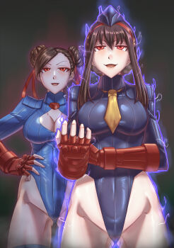 2girls bare_shoulders black_dress black_hair black_leotard blue_leotard breasts brown_hair capcom chun-li collarbone commentary corruption dark_persona double_bun dress electricity evil_smile eyeshadow fighting_stance fingerless_gloves gloves groin hair_bun hairband heattech_leotard highleg highleg_leotard highres large_breasts leebigtree leotard long_hair makeup mind_control multiple_girls necktie one_eye_closed red_eyes red_eyeshadow red_gloves red_hairband ribbed_leotard shadaloo shadaloo_dolls sidelocks smile street_fighter symbol-only_commentary thighhighs thong_leotard turtleneck yellow_necktie yor_briar