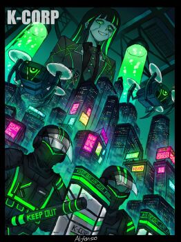 Rule 34 | 1girl, 2others, alfonso (project moon), armor, ballistic shield, black armor, black hair, cityscape, english text, green streaks, highres, holding baton (weapon), k corp. checkpoint security, limbus company, long hair, looking at viewer, looking down, multiple others, open mouth, project moon, sansan375223, shield, sign, smile, stasis tank, very long hair