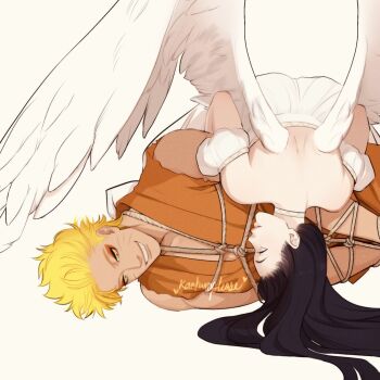 Rule 34 | 1boy, 1girl, angel wings, bdsm, black hair, blonde hair, bondage, bound, choker, commentary, detached sleeves, dress, english commentary, eyeliner, facial mark, femdom, girl on top, grin, hetero, highres, hyuuga hinata, kankuroplease, lying, makeup, naruto (series), naruto shippuuden, on side, orange eyeliner, sennin mode, shibari, shibari over clothes, signature, smile, strapless, strapless dress, uzumaki naruto, whisker markings, white choker, white dress, wings, yellow eyes