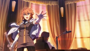 Rule 34 | 2girls, :d, bandaged arm, bandages, black hair, black shorts, braid, braided sidelock, brown jacket, buttons, chair, collared shirt, curtains, double-breasted, game cg, hair between eyes, hand up, holding, holding sword, holding weapon, indoors, jacket, jacket on shoulders, katana, long hair, looking at viewer, multiple girls, official art, on chair, open mouth, orange eyes, orange hair, origami family's elite guard uniform, origami yukari, shidou maki (toji no miko), shirt, short hair, short sleeves, shorts, smile, solo focus, standing, sword, table, teeth, toji no miko, toji no miko: kizamishi issen no tomoshibi, upper teeth only, v-shaped eyebrows, weapon, white jacket, white shirt