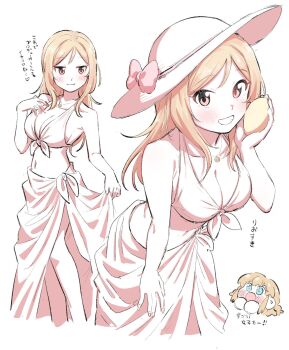 Rule 34 | 2girls, bare arms, bikini, blonde hair, blush, bow, breasts, chibi, chibi inset, cleavage, grin, hat, hat bow, highres, holding, idolmaster, idolmaster million live!, kousaka umi, leaning forward, long hair, looking at viewer, momose rio, multiple girls, multiple views, ngetyan, pink bow, pink eyes, sarong, simple background, smile, standing, sun hat, swimsuit, translation request, white background