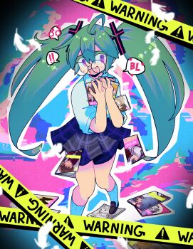Rule 34 | 1girl, blood, caution tape, colored eyelashes, confessions of a rotten girl (vocaloid), cross hair ornament, feathers, fujoshi, green hair, hair ornament, hatsune miku, highres, julie egg, manga (object), nosebleed, pink blood, purple eyes, school uniform, twintails, vocaloid