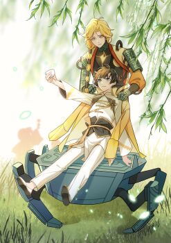 Rule 34 | 2boys, :3, absurdres, ahoge, armor, black hair, black sash, black shirt, blonde hair, blue eyes, blurry, blurry background, blush, braid, celia cir, center-flap bangs, chinese clothes, chinese commentary, closed mouth, covering with clothes, crab, crab in orange (the tale of food), cropped jacket, cup, curtained hair, cyborg, day, falling petals, flats, flower knot, frown, full body, grass, hair over shoulder, hair tubes, hand up, highres, holding, holding cup, jacket, jacket on shoulders, lapels, long hair, long sleeves, looking down, male focus, male master (the tale of food), mechanical arms, multiple boys, orange shirt, outdoors, outstretched arm, pants, parted bangs, petals, ribbon, sash, shirt, shoes, short hair, shoulder armor, silhouette, single braid, single sleeve, sitting, sitting on animal, standing, tangzhuang, the tale of food, very long hair, waist sash, white jacket, white pants, white shirt, white shoes, willow, yellow jacket, yellow ribbon