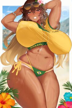 1girl absurdres beach bikini brazil breasts brown_eyes brown_hair curvy dark-skinned_female dark_skin eidde eyewear_on_head gyaru highleg highleg_bikini highres huge_breasts mature_female mole mole_under_mouth navel original plump side-tie_bikini_bottom sunglasses swimsuit tan thick_thighs thighs