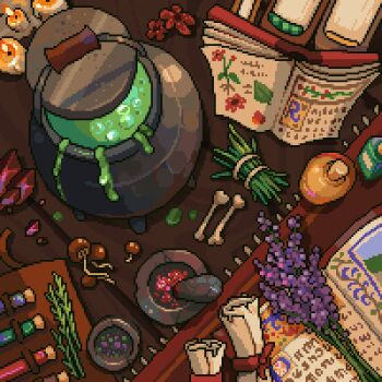 boiling bone book cauldron chrysope fantasy flask flower herb herb_bundle highres mortar_(bowl) mushroom no_humans open_book original pestle purple_flower still_life table