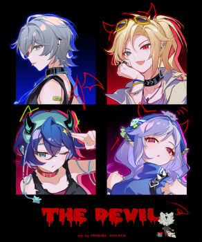 2boys 2girls absurdres belle_(zenless_zone_zero) black_tank_top blonde_hair blue_eyes blue_hair chibi chibi_inset choker commentary dated drawn_horns drawn_wings eyewear_on_head fake_horns franhill grey_hair hair_between_eyes heterochromia highres horns hugo_vlad multiple_boys multiple_girls official_alternate_costume one_eye_closed parted_lips pointy_ears purple_hair red_choker red_eyes shirt short_hair sleeveless sunglasses symbol-only_commentary tank_top tongue tongue_out vivian_banshee von_lycaon wise_(zenless_zone_zero) zenless_zone_zero
