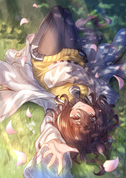 1girl agnes_tachyon_(tach-nology)_(umamusume) agnes_tachyon_(umamusume) ahoge animal_ears black_necktie black_pantyhose blush breasts brown_hair chemical_structure closed_mouth coat commentary_request earrings grass hair_between_eyes highres horse_ears horse_girl horse_tail jewelry lab_coat long_sleeves looking_at_viewer lying medium_hair necktie on_back pantyhose petals reaching reaching_towards_viewer red_eyes shirt short_necktie single_earring sleeves_past_fingers sleeves_past_wrists smile solo sweater sweater_vest tail umamusume white_coat wolf_cut yakkuro yellow_sweater yellow_sweater_vest