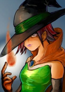 Rule 34 | 1girl, black gloves, black hat, blue gem, breasts, cape, commentary, dragon quest, dragon quest iii, elbow gloves, fire, fireball, gem, gloves, glowing, green robe, grey eyes, hat, kodax2000, lipstick, looking at viewer, mage (dq3), magic, makeup, medium hair, one eye covered, orange cape, pink lips, red hair, robe, slit pupils, small breasts, solo, witch hat