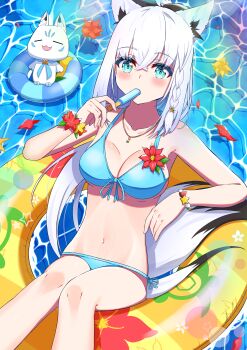 Rule 34 | 1girl, 1other, absurdres, animal ear fluff, animal earrings, animal ears, bikini, blue eyes, blush, braid, breasts, buoy, cleavage, closed eyes, collarbone, commentary, english commentary, flower, food, fox ears, fox girl, fox tail, hair between eyes, highres, holding, holding food, holding popsicle, hololive, long hair, looking at viewer, lying, medium breasts, navel, on back, open mouth, popsicle, red flower, red petals, shirakami fubuki, stomach, sukonbu (shirakami fubuki), swimsuit, tail, thighs, virtual youtuber, water, white hair, yamada ao