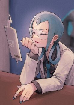 1girl blue_hair blue_nails blue_necktie closed_eyes closed_mouth coat desk gen_4_pokemon glasses hair_rings highres lab_coat long_sleeves maaka_4441 mable_(pokemon) necktie nintendo open_clothes open_coat pokemon pokemon_legends:_z-a rotom rotom_phone sitting tablet_pc upper_body white_coat