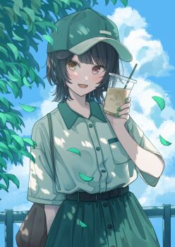 1girl :d absurdres black_hair blue_sky blush buttons cloud collared_shirt commentary_request contrast_collar cowboy_shot cup dappled_sunlight day disposable_cup ene_mizunoawa fangs green_hat green_skirt hat heterochromia highres holding holding_cup inui_toko leaf looking_at_viewer nijisanji open_mouth outdoors red_eyes shirt short_hair short_sleeves skin_fangs skirt sky smile solo sunlight virtual_youtuber white_shirt yellow_eyes