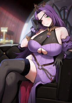 Rule 34 | 1girl, absurdres, bare shoulders, black gloves, blush, breasts, closed mouth, clothing cutout, commentary, commission, crossed legs, crown, eyepatch, feet out of frame, gijang, gloves, green eyes, heterochromia, highres, huge breasts, large breasts, long hair, looking at viewer, mole, mole on breast, original, pixiv commission, purple hair, red eyes, sitting, smile, solo, thighs, underboob cutout
