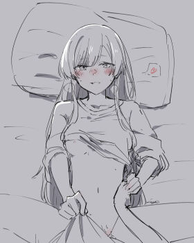 2girls absurdres blush breasts cho_kaguya-hime! clothes_lift clothes_tug collarbone commentary_request futa_with_female futanari futanari_pov greyscale heart heavy_breathing highres kage_ochi long_hair looking_at_viewer lying midriff monochrome multiple_girls navel nipples on_back pillow pov runami_yachiyo sakayori_iroha shirt_lift signature small_breasts spoken_heart spot_color yuri