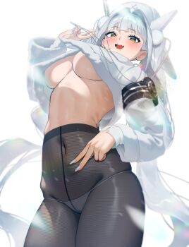 1girl absurdres blanc_(fortune_express)_(nikke) blanc_(nikke) blush breasts brown_pantyhose commentary_request covered_navel cropped_jacket fur_trim goddess_of_victory:_nikke hair_intakes hair_ornament hat highres jacket large_breasts long_hair long_sleeves looking_at_viewer low_ponytail open_mouth pantyhose ponytail pyz_(cath_x_tech) smile solo thighs underboob white_hair white_hat white_jacket yellow_eyes