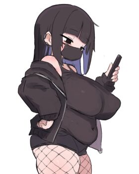 1girl bare_shoulders blunt_bangs breasts commentary_request covered_erect_nipples covered_navel cowboy_shot fishnets hand_on_own_hip highres holding holding_phone huge_breasts long_sleeves mask mouth_mask multicolored_hair off_shoulder original paid_reward_available phone plump purple_hair sa_ka_(sakanoya) simple_background solo thick_thighs thighs two-tone_hair white_background