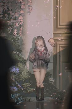 Rule 34 | 1girl, against wall, agito (agitoishere), black hair, black jacket, black shirt, black shoes, black skirt, black socks, chisa (wuthering waves), commentary request, cup, disposable cup, hair ribbon, hand in pocket, highres, holding, holding cup, jacket, long hair, looking to the side, namipon (wuthering waves), neckerchief, red eyes, red neckerchief, red ribbon, revision, ribbon, sailor collar, shirt, shoes, skirt, socks, thigh strap, thighs, white sailor collar, wuthering waves