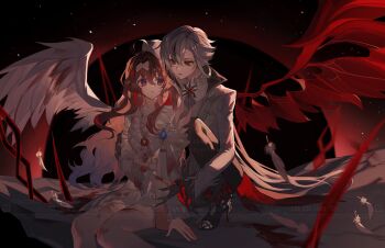 2girls absurdres ahoge angel_wings arlecchino_(genshin_impact) artist_self-insert black_background black_footwear black_pants blood blood_on_clothes blood_on_face blood_on_leg blood_stain bow closed_mouth collar collared_jacket commentary_request commission commissioner_insert couple cuts dress feathered_wings feathers floating formal_clothes frilled_collar frilled_dress frilled_sleeves frills genshin_impact gradient_hair grey_hair grey_jacket grey_suit hair_between_eyes hair_bow hair_ornament hand_on_another's_hand hat high_collar high_heels highres huge_ahoge inaterayukiha injury jacket jewelry knees_up leaning_on_person leaning_to_the_side light_particles long_hair long_sleeves looking_down looking_to_the_side looking_up low_ponytail mixed-language_commentary multicolored_hair multiple_girls oc_x_canon open_mouth original pants pendant ponytail red_eyes red_hair red_lips red_pupils red_wings shade shadow single_wing sitting squatting streaked_hair suit suit_jacket symbol-shaped_pupils thighlet thighs vision_(genshin_impact) wavy_hair white_bow white_dress white_wings wide_sleeves wings x-shaped_pupils x_x yuri