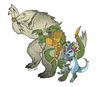 3others absurdres albino anklet arm_strap armor artist_name aztec blue_scales bracelet chibi commentary crest crocodilian dinosaur english_commentary eyelashes furry furry_male gold gold_armor green_scales hellcross_(dkrejd2000) highres jewelry kroxigor lizardman lizardman_(warhammer_fantasy) multiple_others necklace open_mouth orange_eyes parody profile red_eyes reptile reptilian saurus sharp_teeth simple_background size_difference skink tail teeth thigh_strap warhammer_fantasy white_background white_scales yellow_eyes yotsubato! yotsubato!_pose