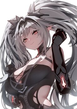 1girl absurdres armpit_crease arms_up black_hair black_streaks breasts cleavage clenched_hands closed_mouth commentary_request crossed_bangs double-parted_bangs from_below grey_hair hair_between_eyes hair_intakes harness headgear highres horizontal_pupils jetavie:_daybreak_(pgr) jetavie_(pgr) large_breasts long_hair mechanical_arms mismatched_pupils multicolored_hair o-ring o-ring_harness pointy_ears punishing:_gray_raven red_eyes simple_background solo streaked_hair symbol-shaped_pupils takashi_san twitter_username two-tone_hair upper_body white_background x-shaped_pupils