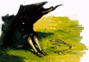 1boy abaddon_(haunted_hotel) abaddon_(human)_(haunted_hotel) blue_coat coat eyes_in_shadow grass hands_under_legs haunted_hotel knees_up long_hair male_focus outdoors red_eyes rope shadow sitting solo tree under_tree vaq04345