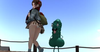 1girl 3d absurdres artist_request ass black_hair blush breasts flat_chest highres loli panties penis penis_monster skirt small_breasts tagme thighs underwear upskirt what