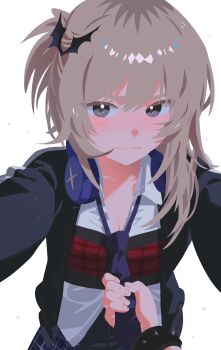 2girls absurdres bat_hair_ornament black_jacket blush breasts cleavage closed_mouth clothes_grab commentary female_pov girls_band_cry grey_eyes grey_hair habsida_(habsida_hpy) hair_ornament hashtag-only_commentary headphones headphones_around_neck highres iseri_nina jacket kawaragi_momoka long_hair looking_at_viewer multicolored_hair multiple_girls necktie necktie_grab neckwear_grab pov roots_(hair) shirt simple_background solo_focus white_background white_shirt yuri