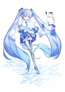 1girl 1other absurdres blue_eyes blue_necktie blue_scarf blue_trim boots detached_sleeves grey_skirt hair_between_eyes hair_ornament hatsune_miku headset highres long_hair long_sleeves mittens necktie nekomochi official_alternate_costume rabbit rabbit_yukine scarf shirt simple_background skirt sleeveless sleeveless_shirt small_stellated_dodecahedron snow thigh_boots twintails very_long_hair vocaloid white_background white_hair white_mittens white_scarf white_shirt wide_sleeves winter yuki_miku yuki_miku_(2011)