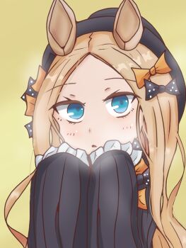 1girl 2026 abigail_williams_(fate) animal_ears black_bow blonde_hair blue_eyes bow commentary_request dot_nose fate/grand_order fate_(series) frilled_sleeves frills happy_new_year hat horse_ears long_hair long_sleeves looking_at_viewer madokarasu new_year open_mouth orange_bow simple_background textless_version too_many_bows