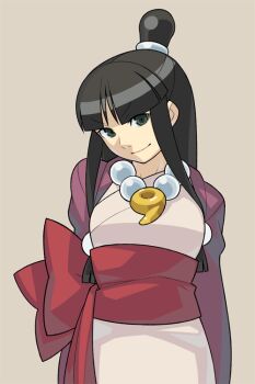 1girl ace_attorney anime_coloring archived_source arms_behind_back black_eyes blunt_bangs bow breasts brown_background capcom closed_mouth cowboy_shot derivative_work hair_tie half_updo hanten_(clothes) head_tilt itsumo_nokoru jacket japanese_clothes jewelry kimono long_hair long_sidelocks looking_at_viewer low-tied_sidelocks magatama magatama_necklace maya_fey medium_breasts necklace obi pearl_necklace purple_jacket red_bow red_sash sash sidelocks simple_background smile solo sprite_redraw topknot white_kimono