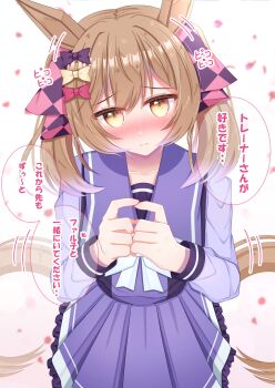 Rule 34 | 1girl, animal ears, argyle bow, blush, bow, bowtie, breasts, brown eyes, brown hair, closed mouth, collarbone, commentary request, hair between eyes, hair bow, highres, horse ears, horse girl, horse tail, long sleeves, looking at viewer, lpikamasi, medium hair, multiple hair bows, pink bow, pleated skirt, purple bow, purple sailor collar, purple serafuku, purple shirt, purple skirt, sailor collar, sailor shirt, school uniform, serafuku, shirt, skirt, smart falcon (umamusume), solo, speech bubble, tail, tail wagging, tracen school uniform, translation request, twintails, umamusume, variant set, white bow, white bowtie, yellow bow
