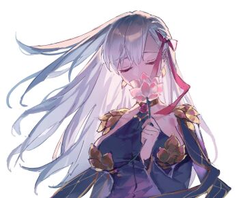 1girl bad_id bad_twitter_id breasts breasts_apart closed_eyes commentary facing_viewer fate/grand_order fate_(series) flower grey_hair hair_ribbon holding holding_flower jnsghsi kama_(assassin)_(second_ascension)_(fate) kama_(fate) kama_(second_ascension)_(fate) kama_(teenager)_(fate) long_hair lotus pink_ribbon ribbon simple_background solo upper_body white_background