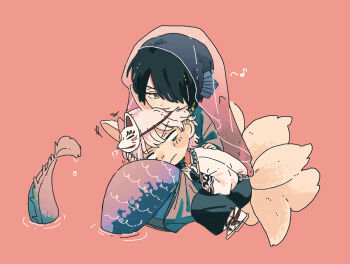 2boys animal_ears arm_guards bead_necklace beads black_hair black_pants blank_eyes brown_sandals closed_mouth eighth_note fins fox_boy fox_ears fox_mask fox_tail gintama green_eyes grey_hair hair_over_one_eye hana_monaka head_fins highres japanese_clothes jewelry kemonomimi_mode kimono male_focus mask mask_on_head merman monster_boy monsterification multiple_boys musical_note necklace pants red_background ripples sakata_gintoki sandals see-through_clothes smile tail takasugi_shinsuke v-shaped_eyebrows veil water white_kimono