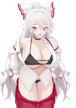 1girl absurdres bikini black_bikini bow breasts cleavage fujiwara_no_mokou hair_bow highres large_breasts long_hair open_clothes open_mouth open_shirt oshimai shirt simple_background solo swimsuit touhou white_background white_bow white_hair white_shirt
