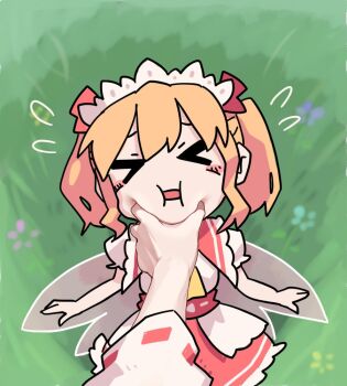 >_< 2girls blurry blurry_background blush_stickers bow commentary dress english_commentary fairy fairy_wings hair_bow hakurei_reimu loneoni meme multiple_girls open_mouth orange_hair pov_cheek_grabbing_(meme) short_hair short_sleeves short_twintails sunny_milk touhou twintails wings