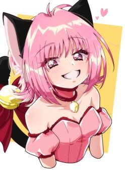 1girl ahoge animal_ears bare_shoulders bell cat_ears cat_girl cat_tail collar collarbone commentary detached_sleeves dress grin heart highres jingle_bell looking_at_viewer mew_ichigo momomiya_ichigo pink_collar pink_eyes pink_hair puffy_detached_sleeves puffy_sleeves smile solo strapless strapless_dress tail tokyo_mew_mew untranslatable_commentary upper_body wataamesaikoh