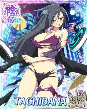 1girl :o arms_under_breasts black_hair black_shorts blush boots border breasts card_(medium) character_name cityscape cleavage detached_sleeves drum drum_set drumsticks electricity english_text game_cg holding holding_drumsticks instrument large_breasts long_hair looking_at_viewer navel night night_sky official_alternate_costume official_art panties purple_panties purple_scarf red_eyes scarf senran_kagura senran_kagura_new_wave short_shorts shorts sky solo striped_clothes striped_scarf swept_bangs tachibana_(senran_kagura) thigh_boots torn_clothes torn_scarf underwear vertical-striped_clothes vertical-striped_scarf very_long_hair
