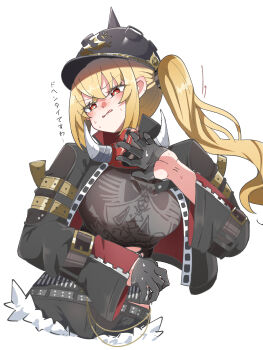 1girl absurdres alternate_breast_size_(larger) black_gloves black_helmet black_jacket black_shirt black_shorts blush breasts caseee999 combat_helmet commentary_request crossed_bangs fur-trimmed_shorts fur_trim gloves hair_between_eyes half-closed_eyes half_gloves hand_up helmet highres jacket large_breasts long_hair luciana_de_montefio mask mask_around_neck micro_shorts open_clothes open_mouth pickelhaube red_eyes respirator shirt shorts side_ponytail simple_background solo sweat translation_request upper_body v-shaped_eyebrows white_background zenless_zone_zero