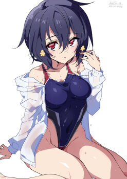 1girl artist_name black_hair blue_one-piece_swimsuit competition_swimsuit dated hair_ornament highleg highleg_one-piece_swimsuit hood hooded_jacket jacket looking_at_viewer mizuno_ai mochimako_(mushikera_hoi2) multicolored_swimsuit one-piece_swimsuit open_clothes open_jacket red_eyes short_hair simple_background sitting solo swimsuit wariza wet wet_clothes wet_swimsuit white_background white_jacket zombie_land_saga