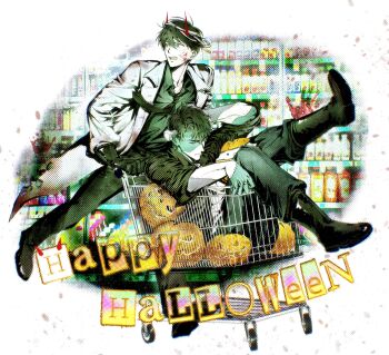 2boys absurdres aisle bandaged_head bandages biyoo_(omniscient_reader&#039;s_viewpoint) black_gloves black_shirt blood blood_splatter coat collared_shirt commentary demon_horns english_text full_body gloves highres horns in_shopping_cart indoors kim_dokja knees_together_feet_apart male_focus multiple_boys omniscient_reader&#039;s_viewpoint open_clothes open_coat pumpkin running shirt shopping_cart sleeves_rolled_up symbol-only_commentary toupou39 white_coat yoo_joonghyuk