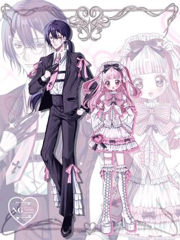 Rule 34 | 1boy, 1girl, accurate lolita coord, black coat, black jacket, blush, boots, bow, butler, coat, commentary, detached sleeves, fashion, formal clothes, full body, glasses, hairband, hashtag-only commentary, heart, highres, jacket, lolita fashion, lolita hairband, long hair, looking at viewer, necktie, open mouth, original, ouji fashion, pink bow, pink eyes, pink hair, pink necktie, purple hair, round eyewear, shirt, skirt, standing, suit, sweet lolita, thigh strap, two side up, very long hair, watermark, white boots, white shirt, white skirt, yuni (s ribbon), zoom layer