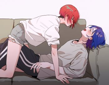 1boy 1girl absurdres all_fours amate_yuzuriha aqua_eyes blue_hair blush closed_eyes colored_inner_hair commentary_request couch couple denim denim_shorts gundam gundam_gquuuuuux hetero highres korean_commentary multicolored_hair on_couch open_mouth otakulifewow pants profile purple_hair red_hair shirt short_hair shorts shuji_ito smile two-tone_hair