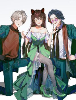 Rule 34 | 1girl, 2boys, :3, animal ears, armpit crease, bare shoulders, belt, black belt, black gloves, black nails, black necktie, blouson chiemi, blue eyes, blue hair, breasts, brown hair, brown shawl, brown shirt, choker, cleavage, clothes grab, collarbone, collared shirt, commentary request, curtained hair, detached sleeves, dog ears, dog girl, dress, earrings, eyewear strap, fangs, formal clothes, frilled dress, frills, full body, gloves, green choker, green dress, green footwear, green jacket, green pants, green suit, grey hair, grey pantyhose, hair ornament, hand on another's shoulder, hand on own hip, heterochromia, high heels, highres, inui toko, jacket, jacket on shoulders, jewelry, kaida haru, kaisei (nijisanji), lapels, large breasts, light blush, long dress, long hair, long sleeves, looking at viewer, lower teeth only, multicolored hair, multiple boys, nail polish, necklace, necktie, neckwear grab, nijisanji, off-shoulder dress, off shoulder, official alternate costume, on one knee, open clothes, open jacket, open mouth, pants, pantyhose, parody, pendant choker, porara, purple-tinted eyewear, red eyes, red hair, round eyewear, see-through dress layer, shawl, shirt, shoes, short hair, short sleeves, showgirl skirt, simple background, sitting, sitting on person, sleeveless, sleeveless dress, small sweatdrop, smile, star (symbol), star hair ornament, star necklace, star pendant, star print, stiletto heels, strapless, strapless dress, strappy heels, streaked hair, suit, suit jacket, teeth, tinted eyewear, two-tone hair, upper teeth only, very long hair, virtual youtuber, white background, white shirt, white sleeves, yellow eyes