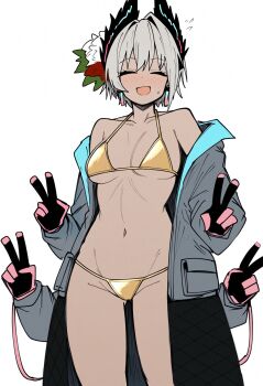 Rule 34 | 1girl, :d, ^ ^, absurdres, alternate costume, arknights, bikini, black coat, black gloves, blush, breasts, closed eyes, coat, collarbone, commentary, cowboy shot, dark-skinned female, dark skin, extra arms, facing viewer, flying sweatdrops, gloves, gold bikini, golden week, grey hair, groin, highres, long sleeves, makigirisu, medium breasts, navel, off shoulder, open mouth, pink gloves, quadruple v, raidian (arknights), short hair, sideboob, simple background, smile, solo, standing, stomach, swimsuit, underboob, v, white background, yellow bikini